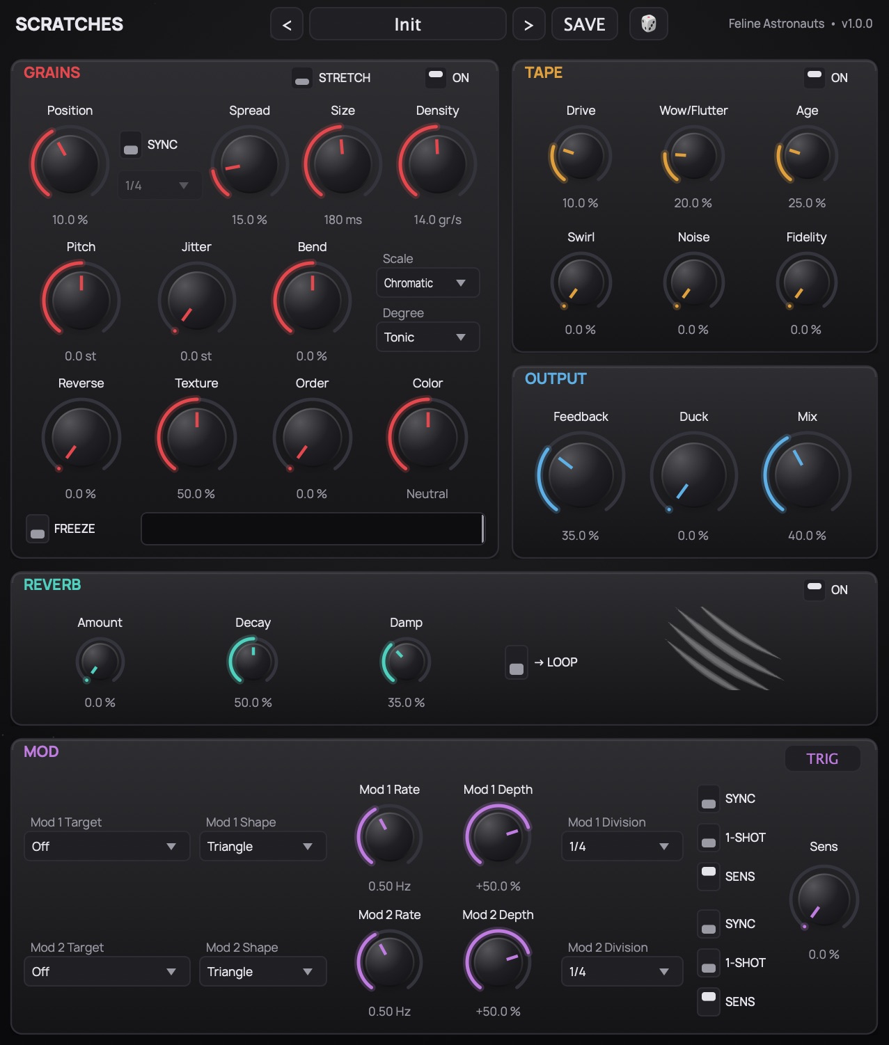 The Scratches plugin interface: GRAINS, TAPE, OUTPUT, REVERB and MOD panels